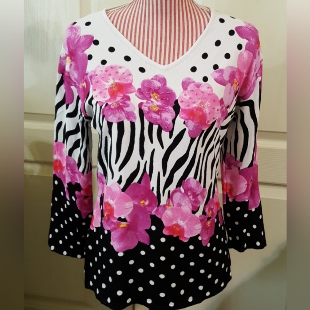 Peck & Peck Pink Floral Black White Zebra Print Women's Top NWOT